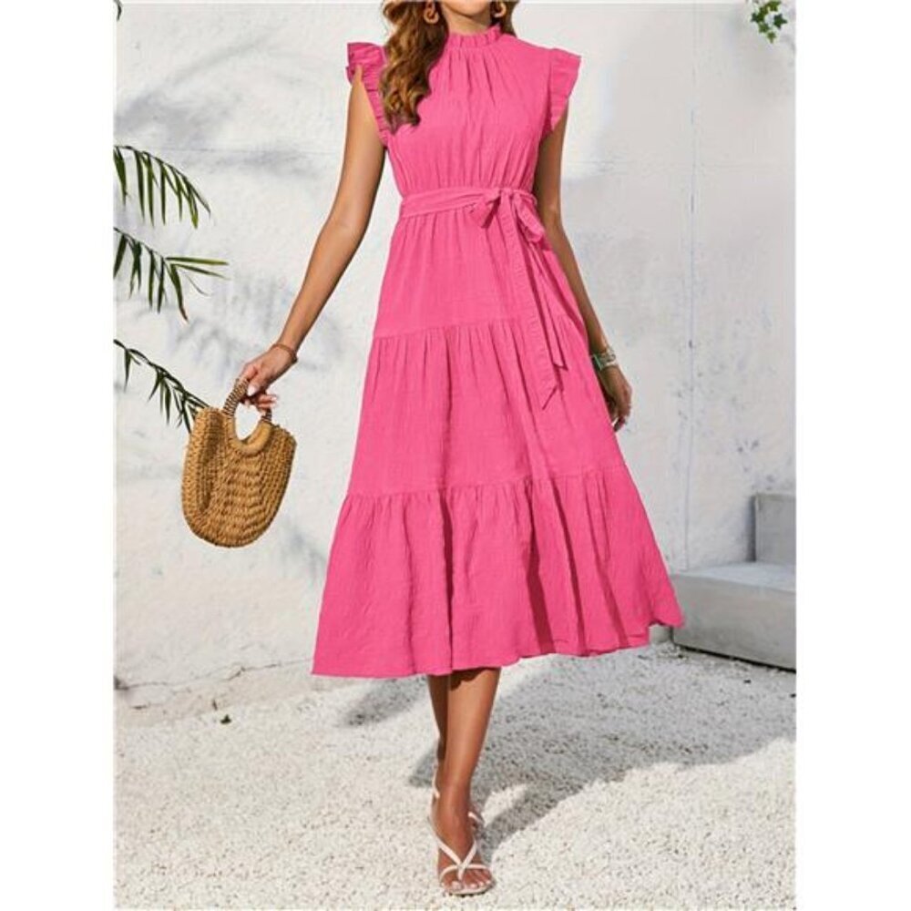 Frill Mock Neck Ruffled Cap Sleeve Midi Dress - Picture 13 of 15